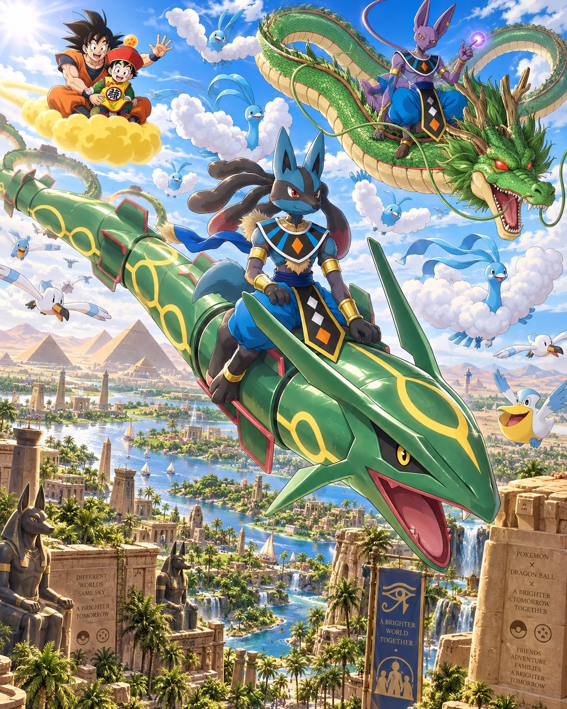 151 Plus crossover heroes flying above a bright Egyptian city