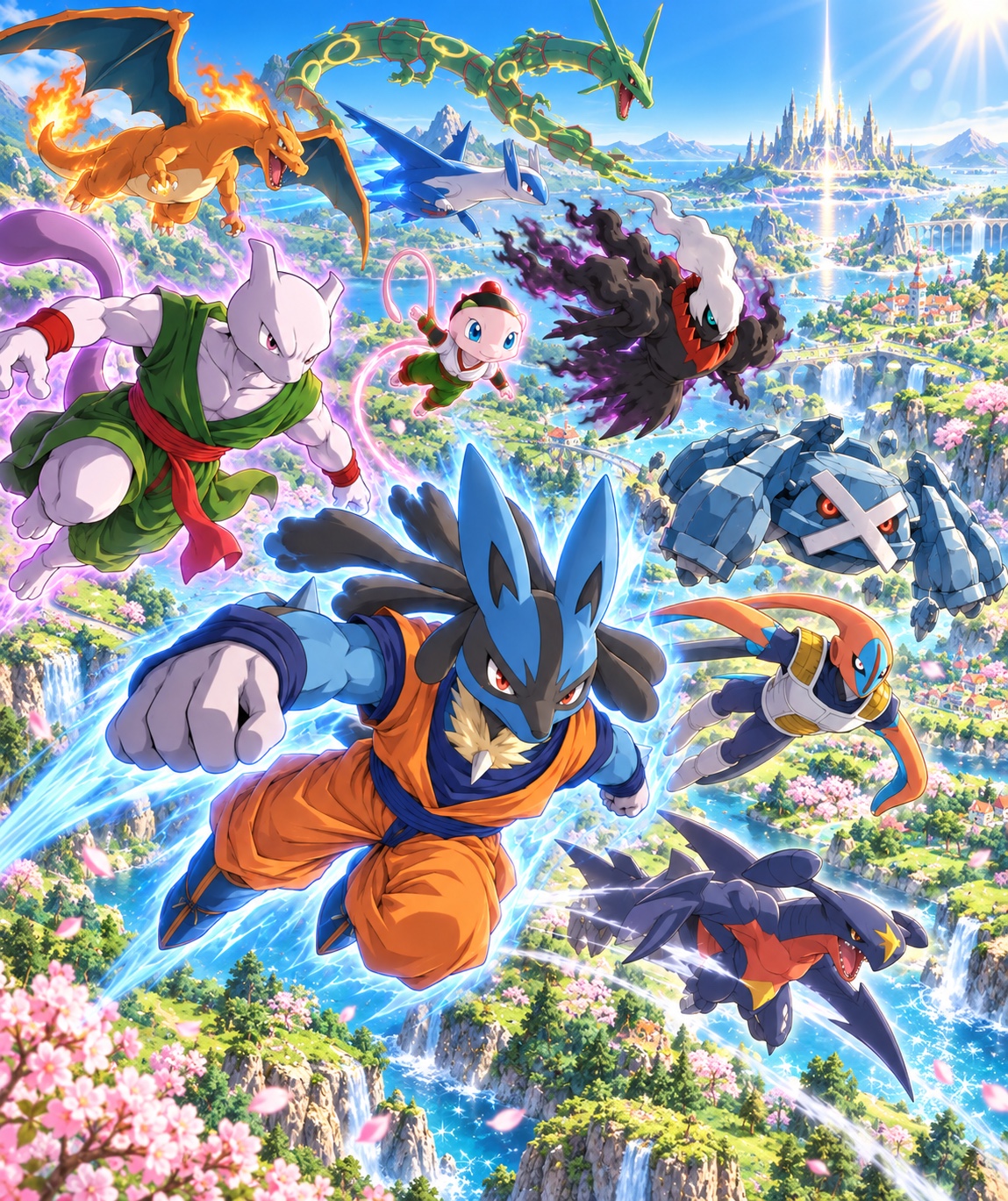 151 Plus team of flying crossover characters racing through a bright fantasy landscape