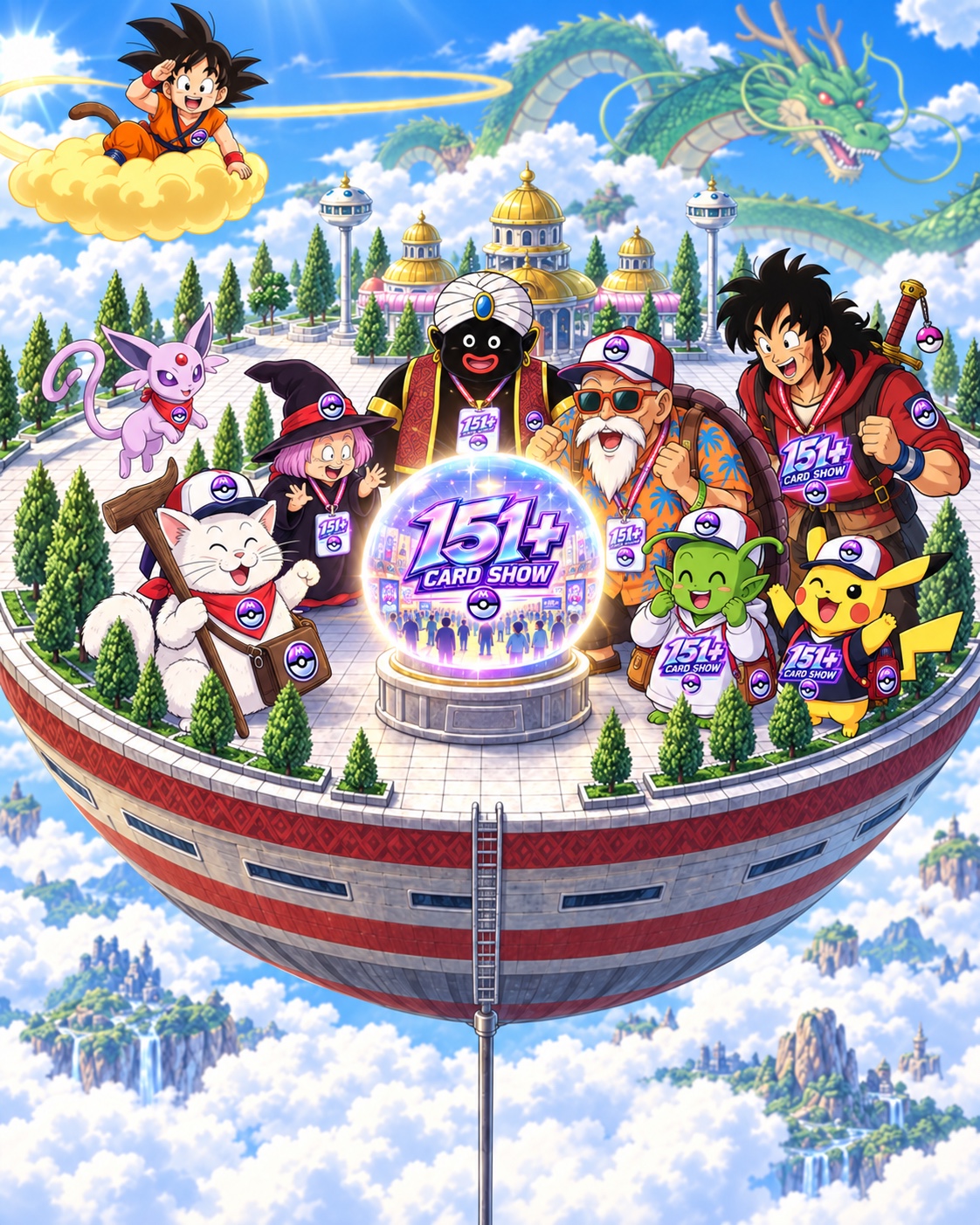 151 Plus crossover characters gathered above a colorful floating world