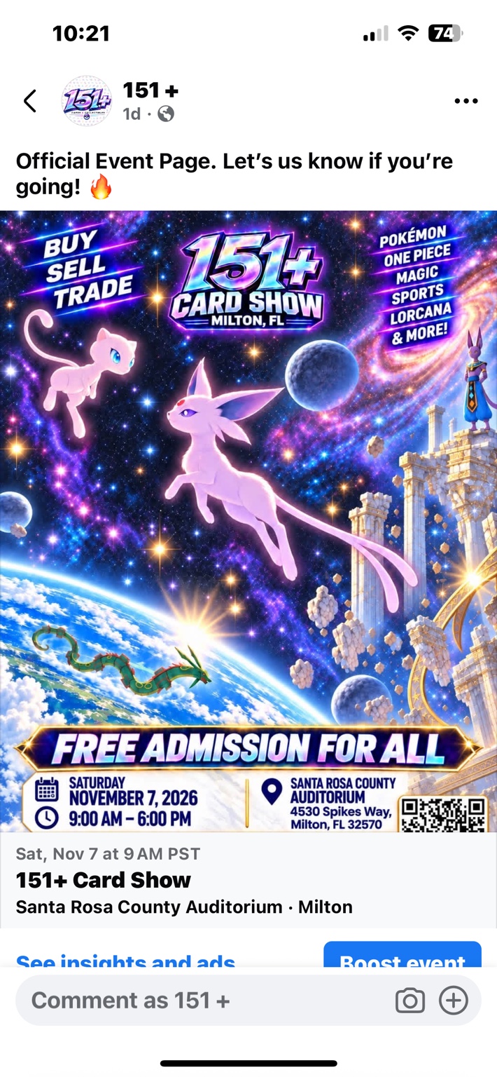 Official 151 Plus Card Show flyer shared on the event page