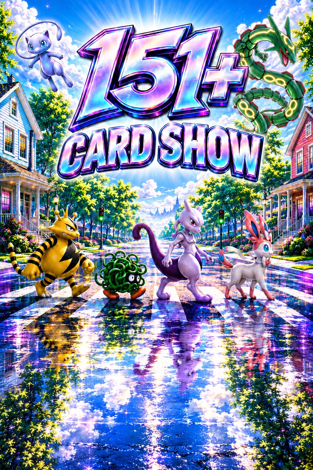 Collectors crossing toward the 151 Plus Card Show beneath the original logo